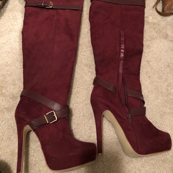 80 cms Burgundy Extra Thigh High Military Boots | Tajna  Size7 Burgundy suede thigh high boots